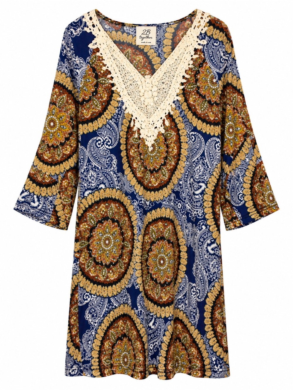 2B Together Women’s Small Paisley Crochet Trim 3/4 Sleeve Mini Dress Made USA
